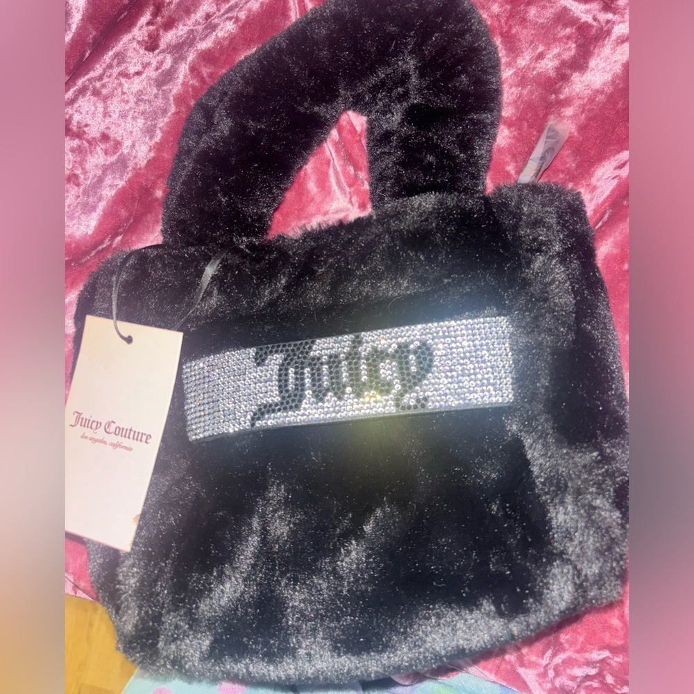 Juicy Couture Black Faux fuzzy Fur mini tote bag new